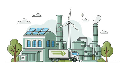 Eco-friendly power plant illustration shows a modern facility with a wind turbine and solar panels for sustainable energy.