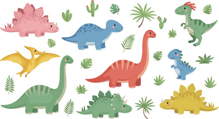 Obraz premium Colorful Dinosaur Set with Various Species and Plants for Kids and Nature Themes