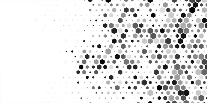 Abstract grayscale hexagon pattern with a honeycomb structure that gradually transitions into scattered dots. Modern geometric background