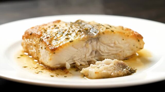 Steaming pan-fried white fish fillet seasoned with herbs and butter sauce served on a white plate, close-up view showing flaky texture and hot serving.