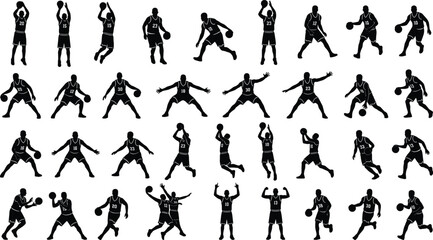 Basketball player silhouette vector set, dynamic sports action poses, dribbling shooting dunking isolated on white background © Arts Creative
