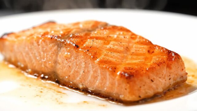 Close-up macro shot of perfectly grilled and seasoned salmon fillet steak glistening on a white plate, emphasizing rich texture and golden brown crust.