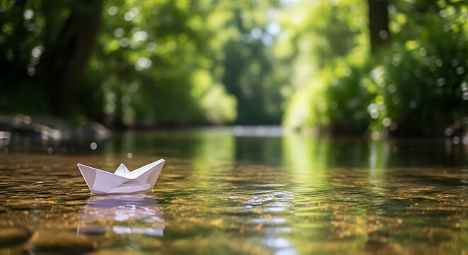 Paper boat floating in a small river stream with soft natural sunlight and blurred outdoor nature background. Simple childhood concept, calm water scene, minimal and peaceful atmosphere.