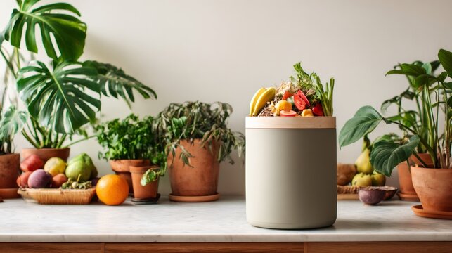 eco-friendly kitchen composting, idea home composting a chic kitchen with a countertop compost bin filled with organic scraps green plants add a natural touch promotes waste reduction