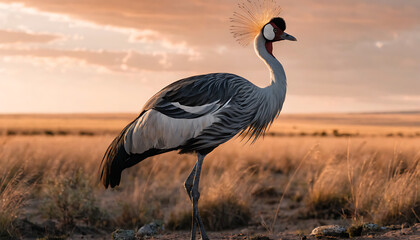 Fototapeta premium Majestic grey crowned crane standing in golden savanna at sunset with elegant plumage