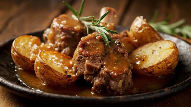 Gourmet Braised Meat Shanks with Rich Gravy, Roasted Potatoes, and Fresh Rosemary on a Dark Plate