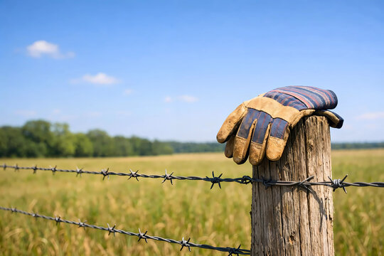 close-up of work gloves on fencepost