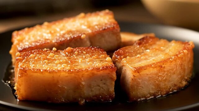 Close-up of three pieces of delicious crispy golden brown fried pork belly served on a black plate, glistening with seasoning and fat, a rich gourmet savory meal.