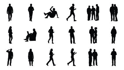 Collection of diverse human silhouettes in various poses and actions isolated on white background, Vector © SILHUETTECHEMBER