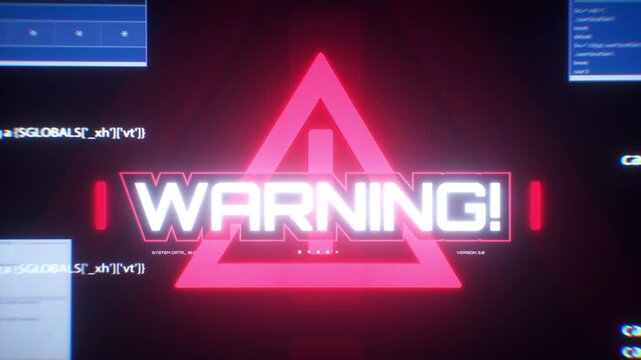 Red Warning Sign with Exclamation Mark on Digital Screen Cybersecurity Threat and System Alert with Code Snippets and Error Message Indicating Urgency and Technology Breach in Computer Interface