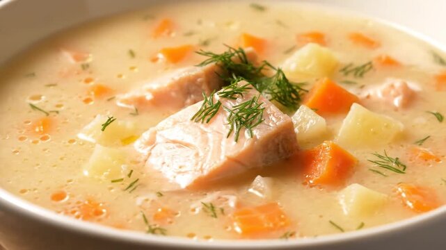 Close-up of creamy salmon soup (Lohikeitto) with chunks of pink fish, diced carrots, potatoes, and fresh dill garnish served in a white bowl, traditional Scandinavian fish dish.