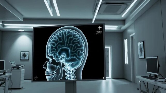 Modern hospital room showing a large digital monitor displaying a rotating 3d model of a human skull and brain with temporal lobe highlighted