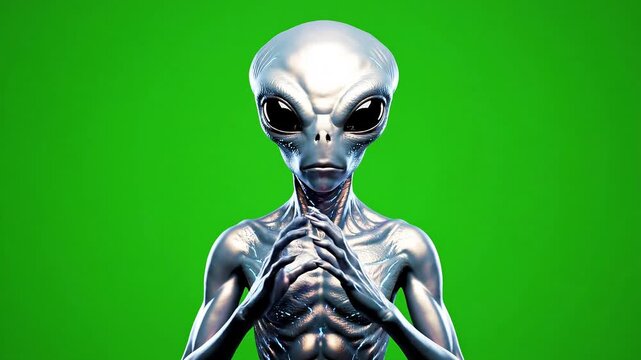 A shiny silver alien with large black eyes and sharp fingernails on a green background