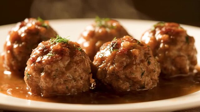Gourmet Italian-style meatballs simmered in a rich, glossy brown sauce and garnished with fresh herbs, presented as an appetizing, close-up culinary dish.