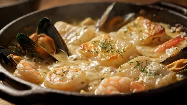 Gourmet Seafood Stew Simmering in Cream Sauce with White Fish, Mussels, and Shrimp, Served Hot in a Rustic Cast Iron Skillet
