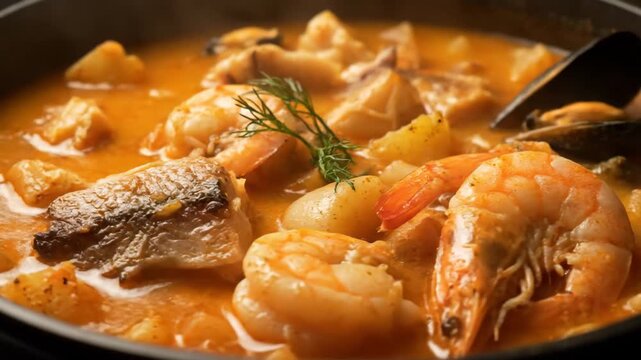 Close-up of rich seafood stew (Cioppino or Bouillabaisse) served hot in a black pot, featuring large shrimp, fish chunks, mussels, potatoes, and savory tomato broth.