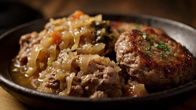 Delicious Homemade Meat Patty or Hamburger Steak topped with rich, slow-braised caramelized onions and savory gravy, presented in a rustic dark bowl.
