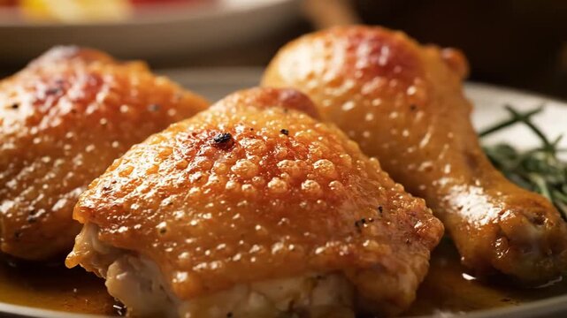 Crispy Roasted Chicken Thighs Close-Up. Delicious, Golden Brown, Glazed Chicken Pieces Served on a Plate with Pan Juices, Ready for Dinner or Lunch.