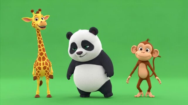 Cute cartoon animals: panda, giraffe, monkey dancing and waving on green screen.