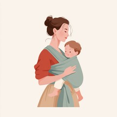 Obraz premium Mother Holding Infant in Soft Green Baby Wrap Illustration