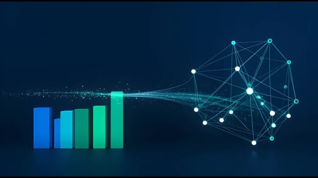 Abstract data visualization with bar chart and network of connected nodes