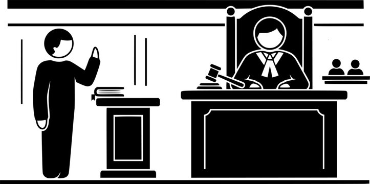 Courtroom scene depicting a witness taking an oath while a judge presides over the legal proceedings, ideal for illustrating law, justice, and trial concepts