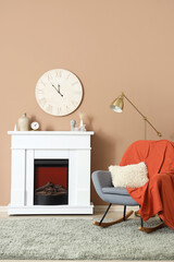 Fototapeta premium Interior of modern living room with fireplace and rocking chair