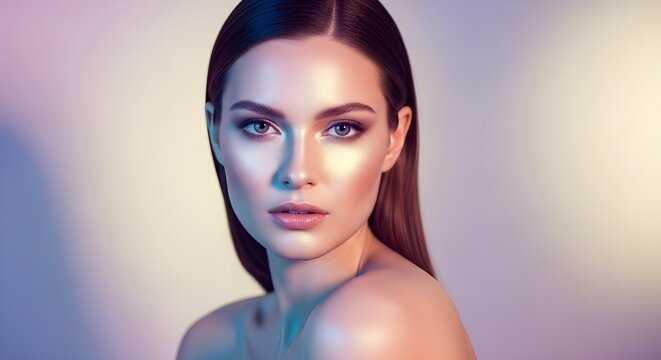 美しい女性の顔のクローズアップポートレート、完璧な肌と輝くハイライト、プロのメイクアップとカラフルな照明が特徴のビューティーショット。化粧品、スキンケア、美容業界の広告やマーケティングに最適な画像。