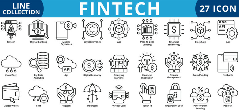 Fintech icon set outline style icon set collection vector illustration