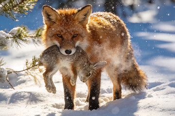 Obraz premium Fox in the snow with a caught rabbit. Red fox carrying a freshly hunted rabbit across snowy winter landscape.