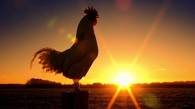 Rooster crowing at sunrise silhouetted against golden light