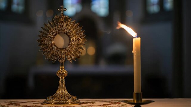 Sacred Monstrance with Burning Candle in Church - Christian Adoration