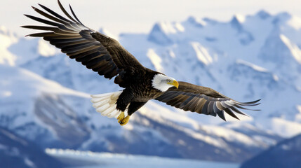 Fototapeta premium Bald eagle soaring over snow-capped mountains