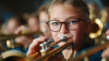young student plays trumpet in school band performing with children brass instruments focused on music class learning musical education scene
