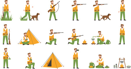 Obraz premium Hunter Character Illustration Set with Rifle, Dog, Camping Tent, Fire, and Outdoor Activities for Hunting and Adventure Vector Designs