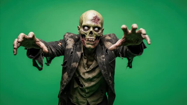 Terrifying Zombie with outstretched arms on green screen, horror character advancing