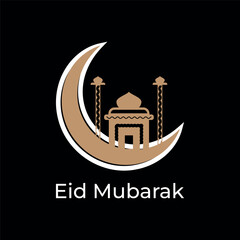 Eid Mubarak Greeting with Golden Crescent Moon and Mosque © lakhan1998