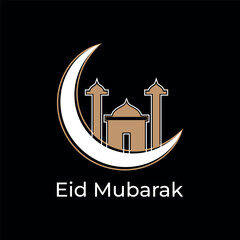 Eid Mubarak Greeting with Crescent Moon and Mosque Silhouette © lakhan1998