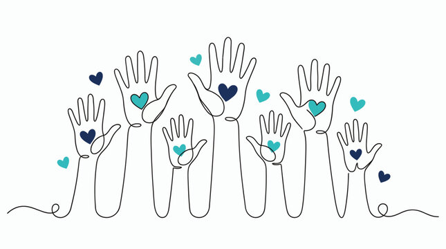 Minimalist continuous line drawing of diverse raised human hands with heart icons on white background, concept for corporate volunteering, non-profit charity and social support foundation