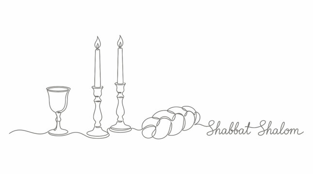 Continuous one line drawing of Shabbat symbols with candles, challah bread, wine goblet and Shabbat Shalom calligraphy text, concept for Jewish holiday greeting, religious ritual and invitation
