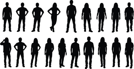 Human silhouettes collection, diverse standing poses, body language variations, posture gestures, abstract figures, black silhouettes, vector illustration design © MstSahana