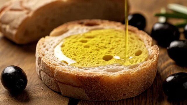 Olive oil drizzled on bread slice, with olives & another loaf on a wooden surface