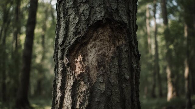 Tree trunk with damaged bark forest.