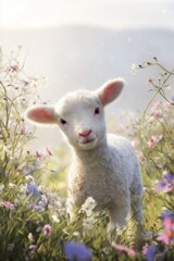 Fototapeta premium Adorable baby lamb in spring meadow with blooming wildflowers, soft pastoral easter background