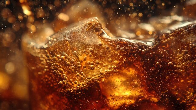 Refreshing Cola With Ice Cubes Bubbling Up Close Macro Shot.