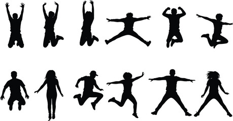 Fototapeta premium Jumping people silhouettes collection, dynamic human poses vector illustration, energetic movement icon design, expressive posture artwork, fitness activity graphic art