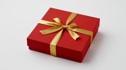 Fototapeta premium Single red shipping box wrapped with elegant gold ribbon, isolated on white background