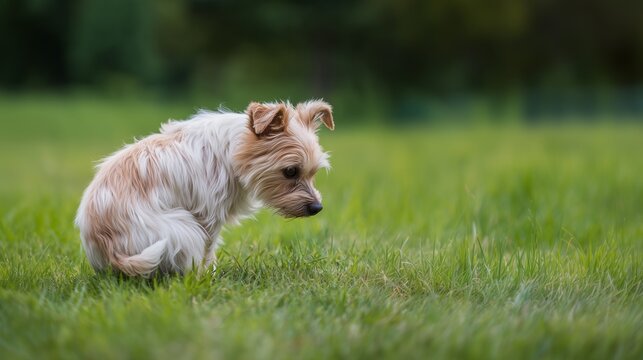 Small dog squatting and spins around to relieve itself on the green grass in a park