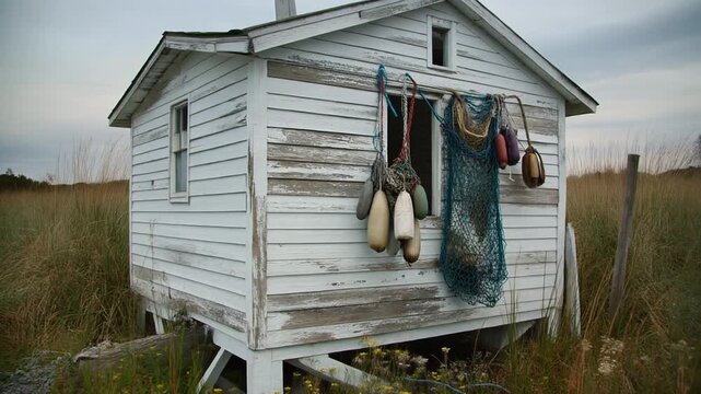 Small white wooden shack with fishing gear.