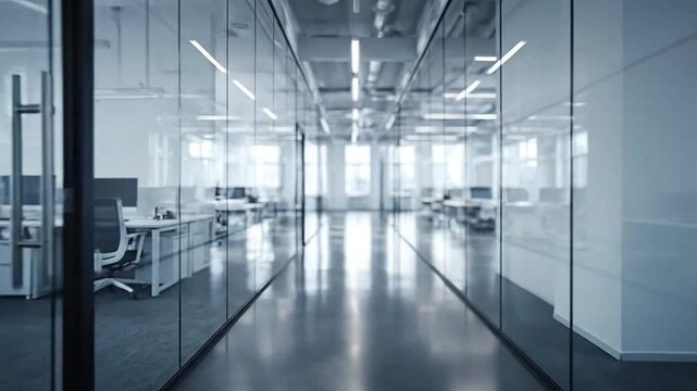 Bright and empty modern office interior with glass walls and long hallway